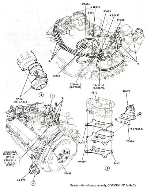 1974 Ford Bronco - Exploded parts diagram of engine emissions and air injection hoses, valves, carburetor spacers, and gaskets with part numbers.