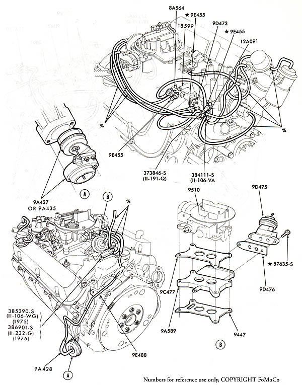 Exploded diagram of engine emissions and air injection components with part numbers