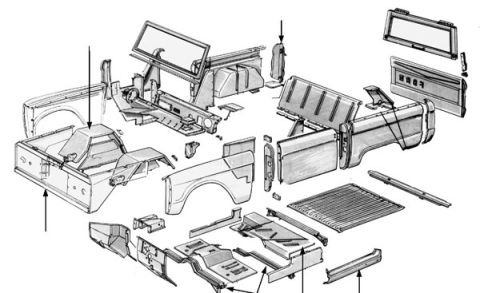 1974 Ford Bronco - Exploded parts diagram of body sheet metal showing cab panels, fenders, floor, and pickup bed components.