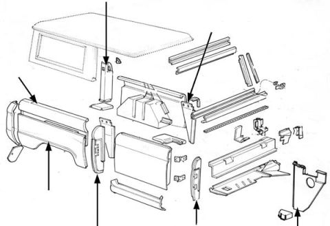 1974 Ford Bronco - Exploded parts diagram of cab body panels, rocker sills, pillars, and mounting brackets with clips.