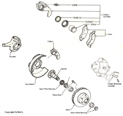 1974 Ford Bronco - Exploded parts diagram of the front disc brake assembly showing caliper, pads, piston, rotor, spindle, and wheel bearings.