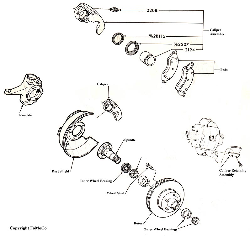 Exploded diagram of front disc brake caliper, rotor, spindle, and hub