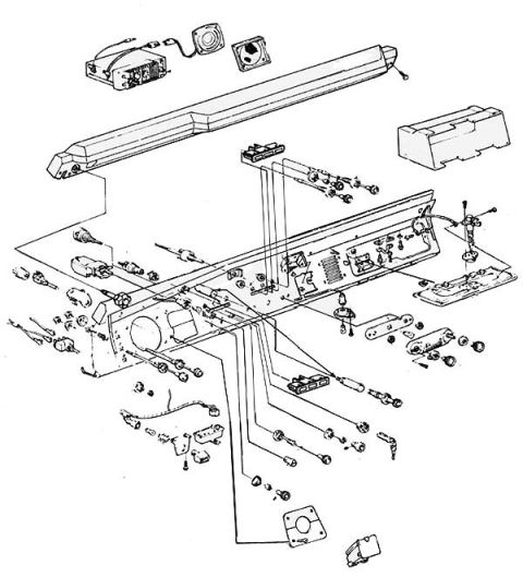 1974 Ford Bronco - Exploded parts diagram of the dashboard and instrument panel showing cluster, switches, and mounting hardware.