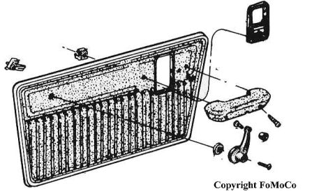 1974 Ford Bronco - Exploded parts diagram of a door trim panel with inside handle, window crank, and mounting hardware.