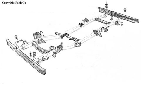 1974 Ford Bronco - Exploded parts diagram of the truck frame showing side rails, crossmembers, brackets, and fasteners.