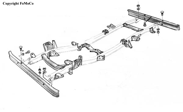 Exploded diagram of frame rails, crossmembers, and mounting brackets