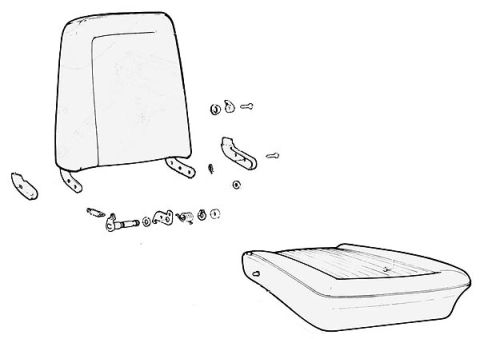 1974 Ford Bronco - Exploded parts diagram of a vehicle seat showing seat back, cushion, hinge brackets and fasteners.