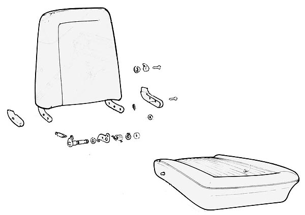 Exploded line drawing of a seat back and seat cushion with mounting hardware
