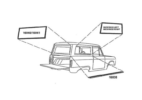 1974 Ford Bronco - Exploded parts diagram of lower body and rocker panels with callout part numbers 16030-16041.