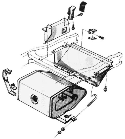 1974 Ford Bronco - Exploded parts diagram of a fuel tank assembly with mounting straps, brackets and hardware.