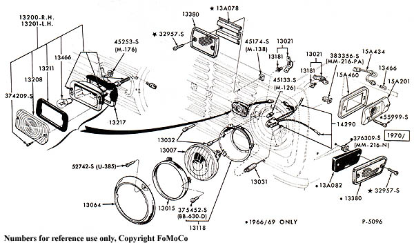 Exploded drawing of headlamp and parking lamp assemblies with Ford part numbers