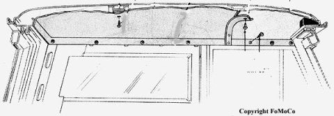 1974 Ford Bronco - Parts diagram of the windshield header/cowl panel showing mounting fastener locations.
