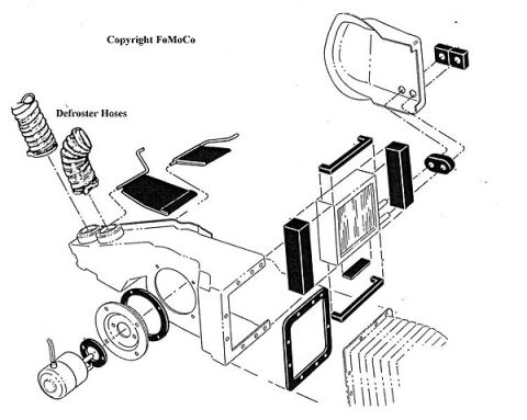 1974 Ford Bronco - Exploded parts diagram of a heater and defroster assembly with hoses, core, blower and housing.