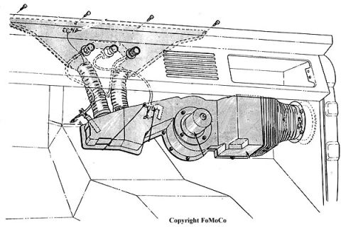 1974 Ford Bronco - Installation drawing of an under-dash heater blower motor and defroster ducting.