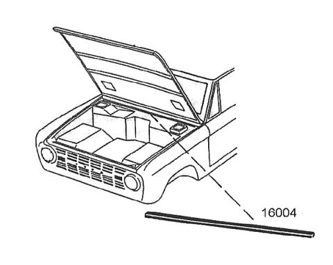 1974 Ford Bronco - Parts diagram of the hood and front body showing hood-to-cowl seal, part number 16004.
