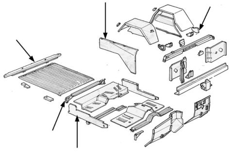 1974 Ford Bronco - Exploded parts diagram of the cargo floor, bed pan and rear quarter/body panels.
