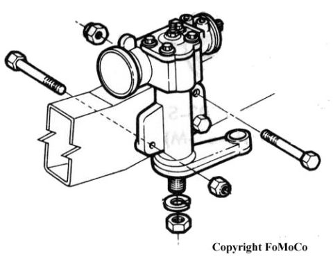 1974 Ford Bronco - Exploded parts diagram of a steering gear box with mounting bolts, nuts and pitman arm.