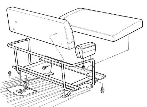 1974 Ford Bronco - Exploded parts diagram of a bench seat showing back, cushion, tubular frame and floor mounts.