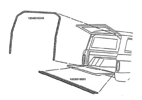1974 Ford Bronco - Parts diagram of rear tailgate and liftgate weatherstrip seals, part numbers 16048-16051.