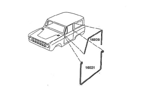 1974 Ford Bronco - Parts diagram of door opening weatherstrip seals on an early Bronco body, part numbers 16020/16021.