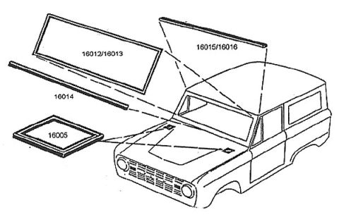 1974 Ford Bronco - Parts diagram of windshield and window glass weatherstrip seals with part numbers 16005-16016.