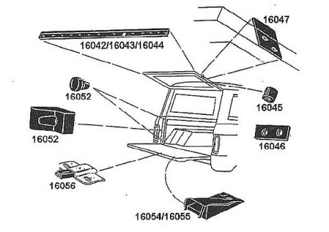 1974 Ford Bronco - Exploded parts diagram of rear tailgate latches, hinges and bumpers, part numbers 16042-16056.