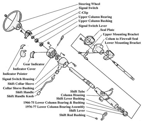 1974 Ford Bronco - Exploded parts diagram of a steering column showing wheel, signal switch, bearings, shift tube and brackets.