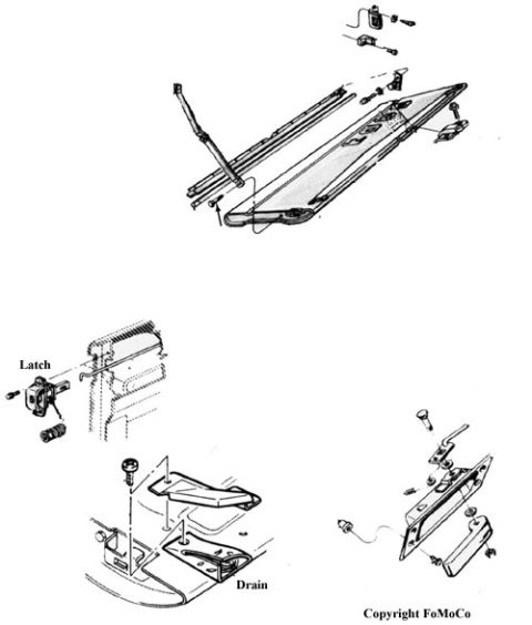 1974 Ford Bronco - Exploded parts breakdown showing a seat track assembly plus door latch and drain hardware components.