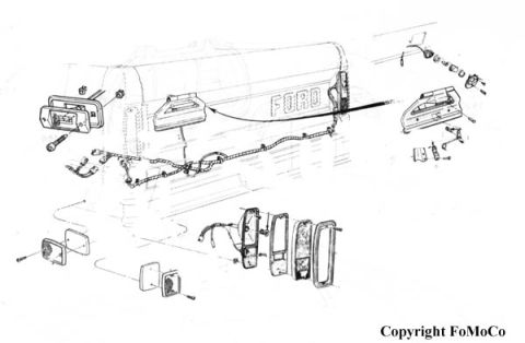 1974 Ford Bronco - Exploded parts and harness-routing drawing of rear tail lights and the bed wiring harness on a Ford pickup.