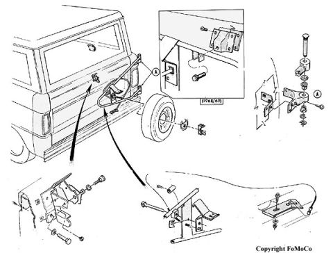 1974 Ford Bronco - Exploded parts drawing of a Bronco spare tire carrier and its mounting brackets and hardware, 1968/69.