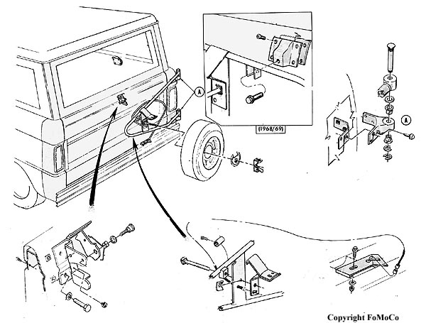 Exploded parts diagram of spare tire carrier and mounting brackets, 1968/69