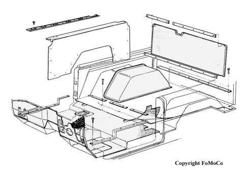 1974 Ford Bronco - Exploded parts drawing of interior body side panels, wheel housings and floor with mounting fasteners.