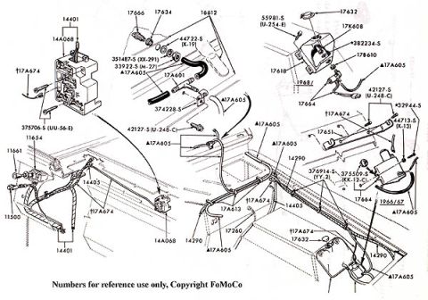 1974 Ford Bronco - Exploded parts/routing drawing of an engine-compartment wiring harness with connectors and Ford part numbers.