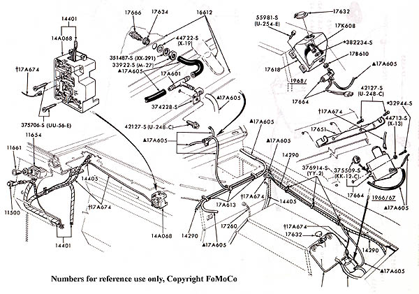Exploded diagram of engine compartment wiring harness and connectors with part numbers