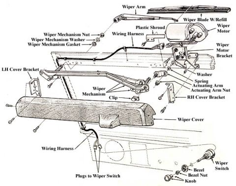 1974 Ford Bronco - Exploded parts breakdown of a windshield wiper assembly: motor, mechanism, arms, cover and wiper switch with harness.