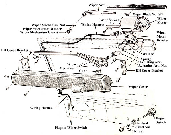 Exploded parts diagram of windshield wiper mechanism, motor, arms and switch