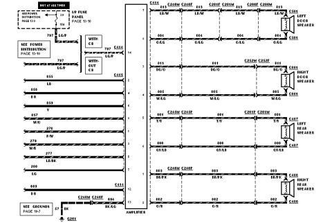 1982 Ford LTD Crown Victoria - Wiring diagram showing amplifier-to-speaker circuits for all four doors and rear speakers with color codes and connector IDs.