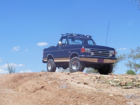 1991 Ford Bronco - This 1991 Ford Bronco, tan side trim and a roof rack, is parked on a dusty incline under a clear blue sky.