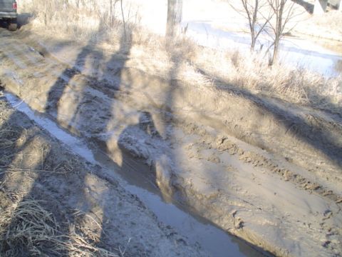 1981 Ford Bronco - A vehicle has driven through a very muddy and rutted path, leaving deep tracks.