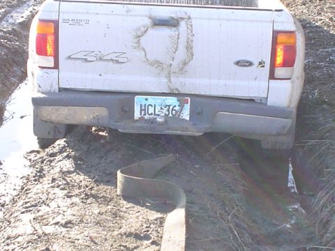 1981 Ford Bronco - Rear view of a mud-splattered white Ford pickup sitting in a muddy rut, with a 4x4 tailgate decal, Ford oval, dealer sticker and a tow stra…