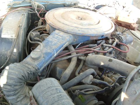1979 Ford Bronco - The engine bay of a vehicle shows a large air cleaner and various hoses and wires.