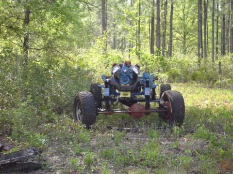 1989 Ford Bronco - Custom off-road chassis with engine and suspension parts visible in a forest setting.