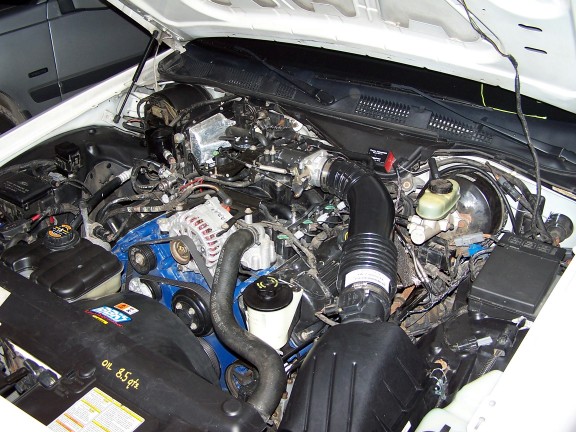 Engine bay of a 2000 Ford Crown Victoria, showing the V8 engine, alternator, and air intake system