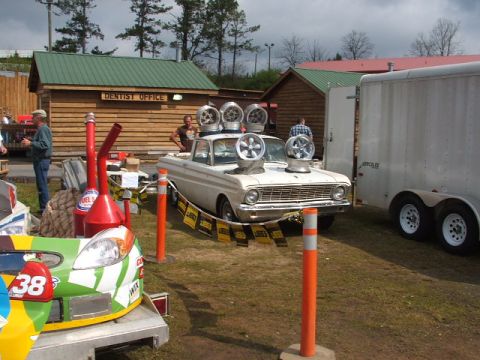 1966 Ford Ranchero - White 1966 Ford Ranchero pickup truck modified with multiple fans on its exterior.