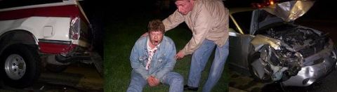 1989 Ford Bronco - Scene depicts a wrecked car, an injured man, and the rear of a damaged truck.