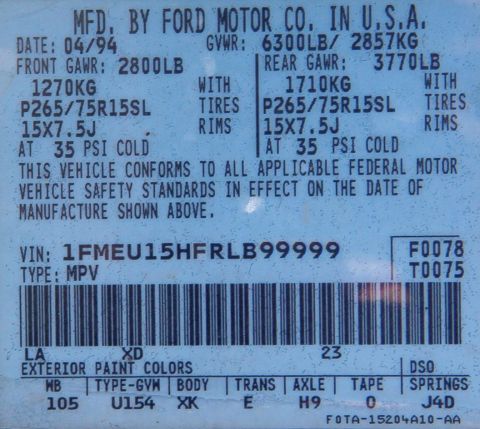 1994 Ford Bronco - The last 5 digits (the SN) are void.