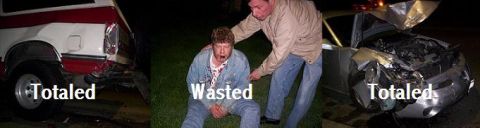 1989 Ford Bronco - The aftermath of a car crash is depicted with two totaled vehicles and a man labeled 'Wasted'.