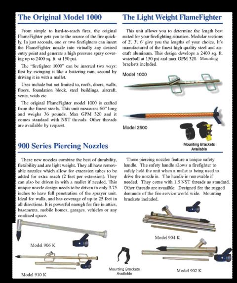 1998 Ford Crown Victoria - Catalog page details different models of firefighting nozzles and their features, along with mounting brackets.