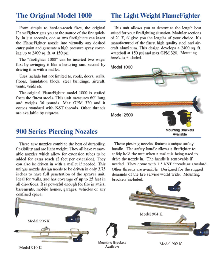 FlameFighter catalog page with Model 1000, Model 2500 and 900 Series piercing nozzles