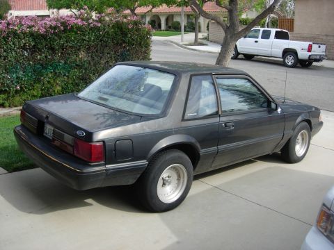 1998 Ford Crown Victoria - gray Ford Mustang notchback coupe with Ford badge sits in a residential driveway near a white pickup truck.